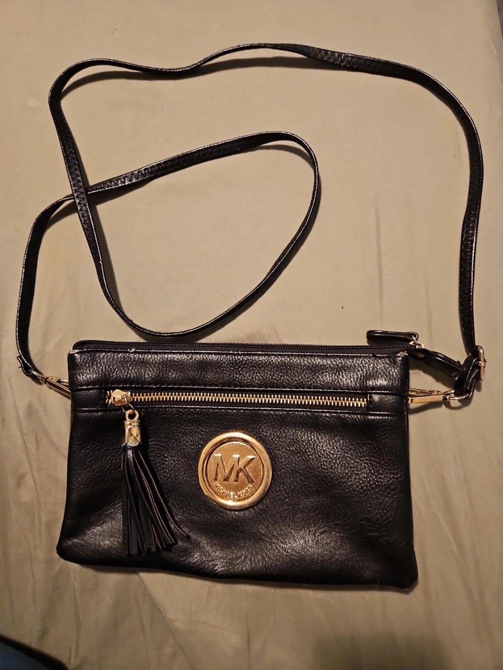 Michael Kors Black Leather Crossbody Bag with Gold Logo